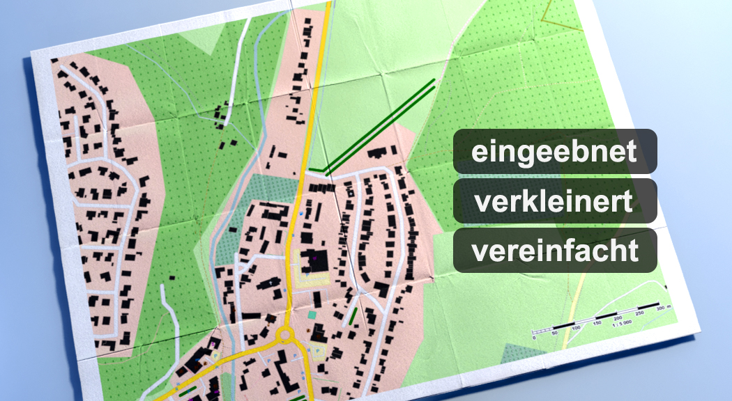Eine Karte mit verschiedenen geografischen Merkmalen und Straßen, beschriftet mit 'eingeebnet', 'verkleinert' und 'vereinfacht'.