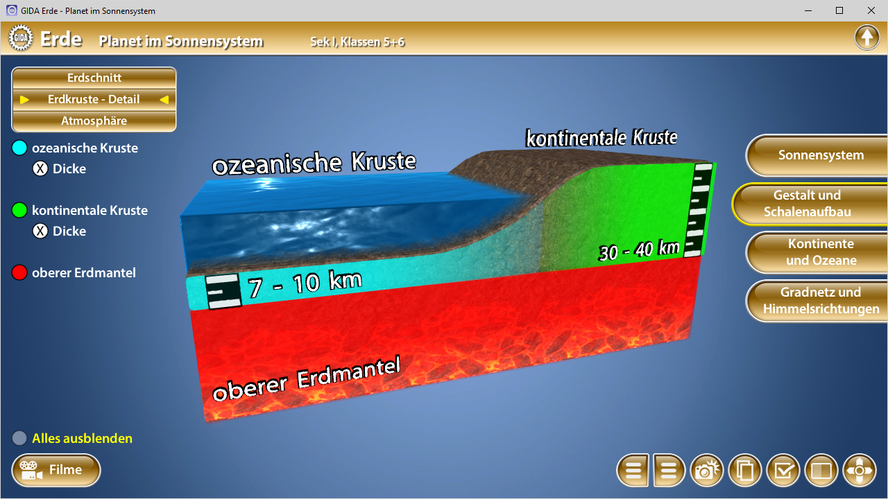 3D-Darstellung der Erdkruste mit ozeanischer und kontinentaler Kruste, einschließlich ihrer Dicke und Schichten.