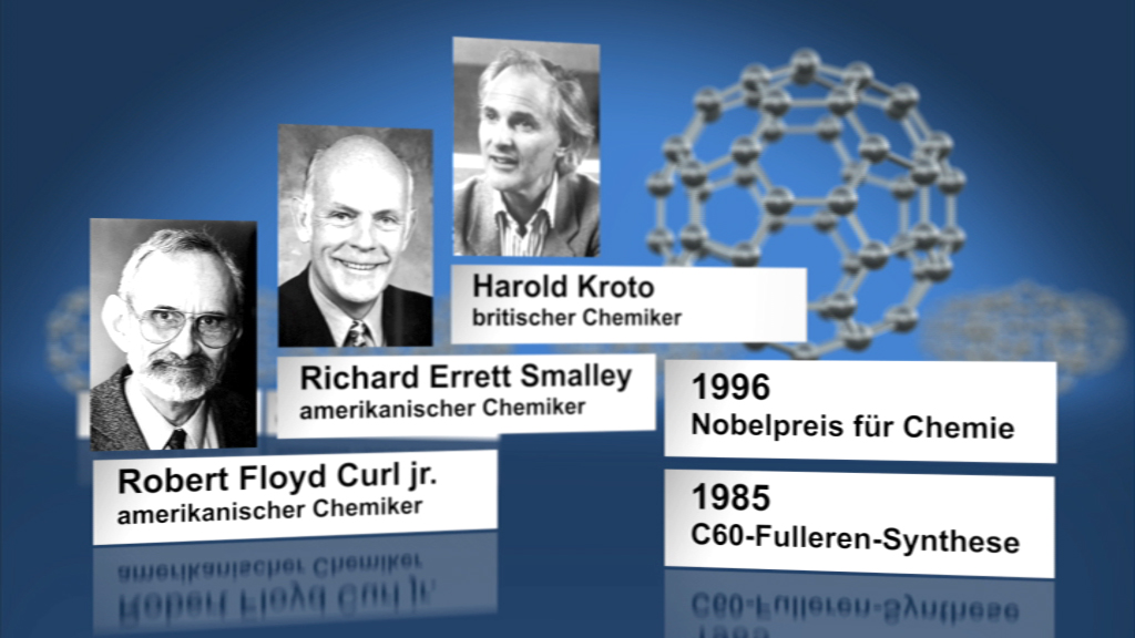 Porträts von Richard Errett Smalley, Harold Kroto und Robert Floyd Curl jr. mit Informationen zu ihren Auszeichnungen und Beiträgen zur Chemie.