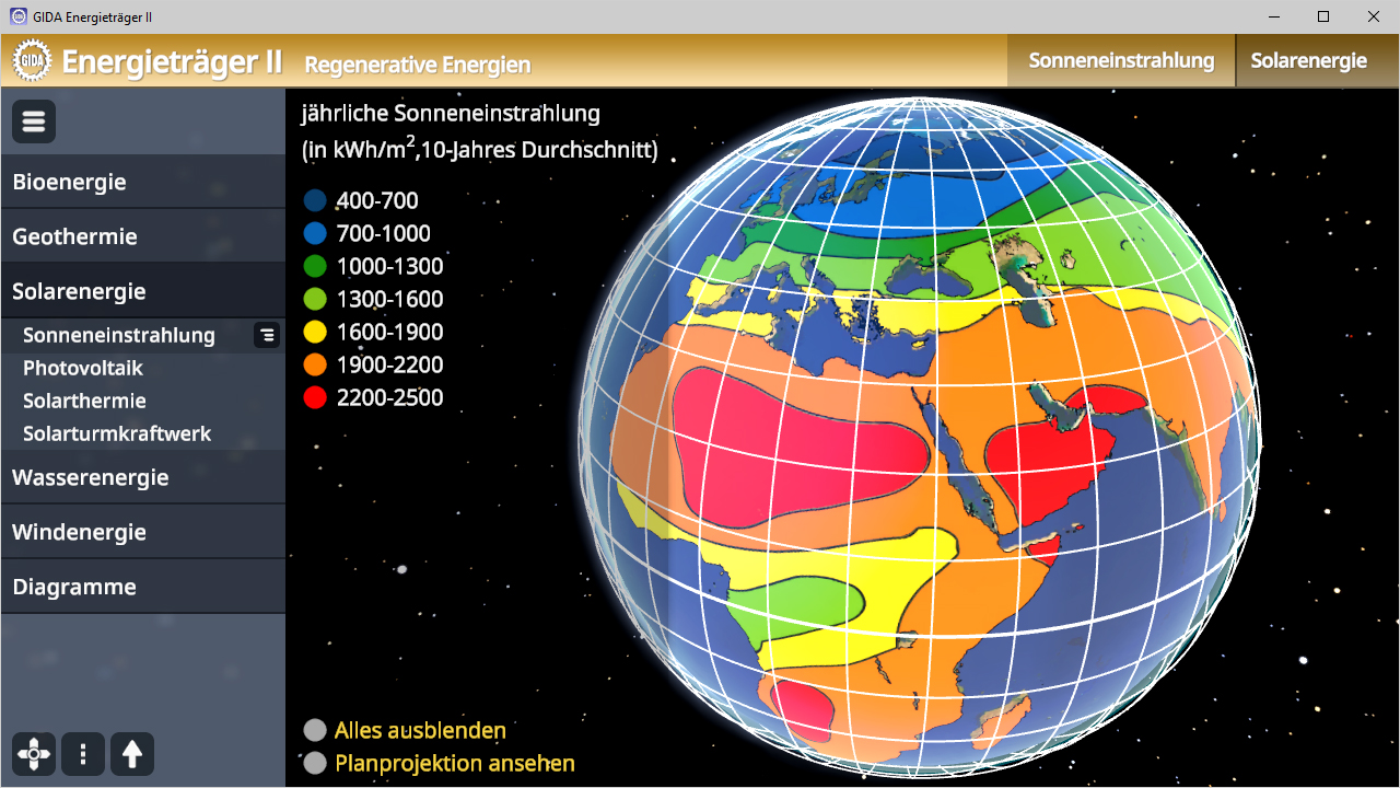 Weltkarte mit jährlicher Sonnenstrahlung in kWh/m² (10-Jahres-Durchschnitt) in verschiedenen Farbtönen.