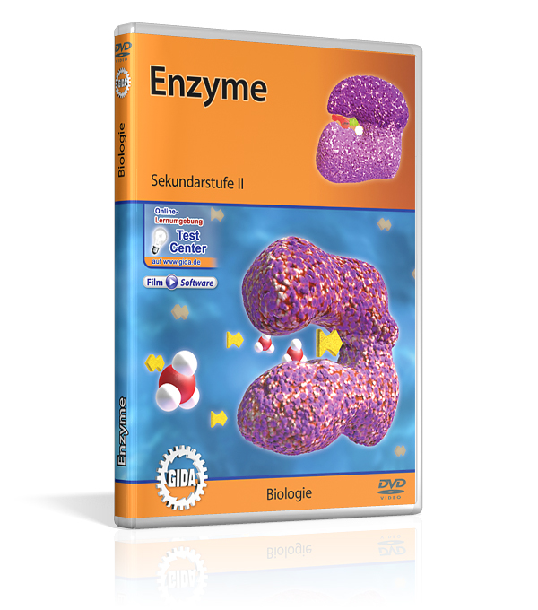 DVD-Cover mit dem Titel 'Enzyme' für  Sekundarstufe 2. Es zeigt grafischen Darstellungen von Molekülen und Enzymen.