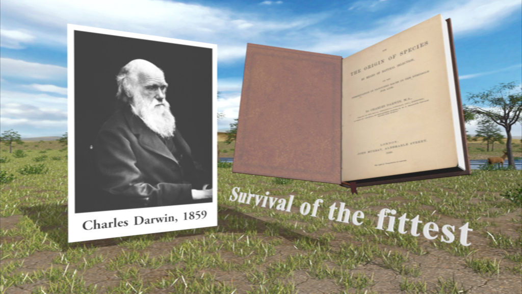 Porträt von Charles Darwin mit dem Titel 'Survival of the fittest' und einem offenen Buch über Evolution.