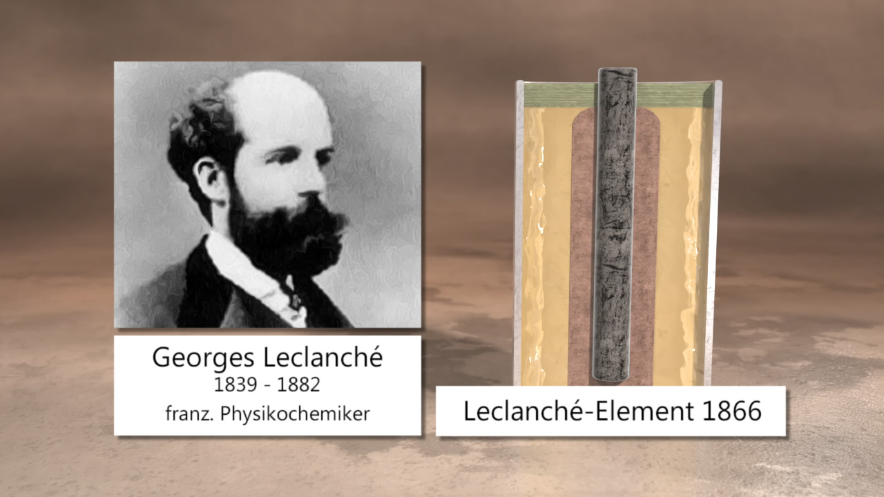 Porträt von Georges Leclanché, französischer Physikochemiker (1839-1882), neben einer Darstellung des Leclanché-Elements von 1866.