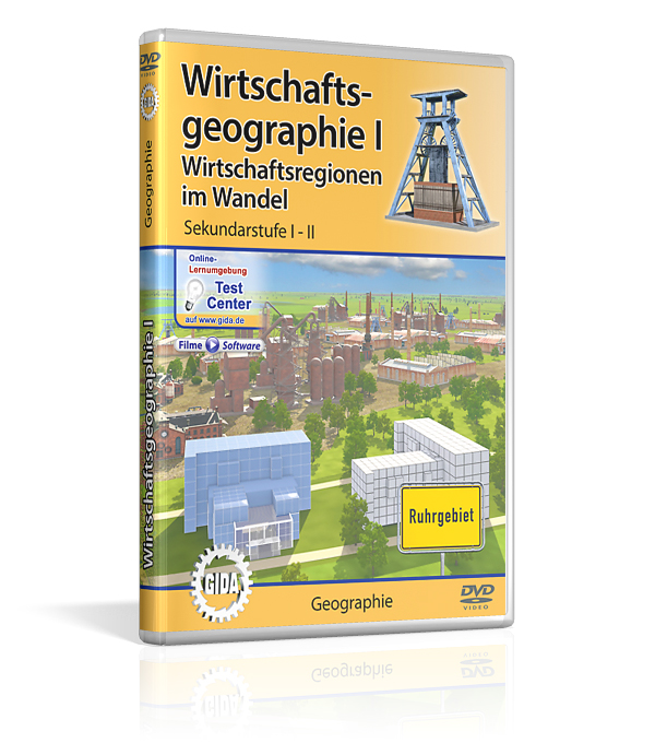 DVD-Cover für 'Wirtschaftsgeographie I', Thema: Wirtschaftsregionen im Wandel, mit Industrieansicht des Ruhrgebiets.