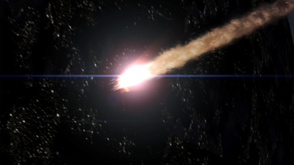 Ein Meteor, der durch den Weltraum fliegt, mit einem hellen Schweif aus Staub und Gas.