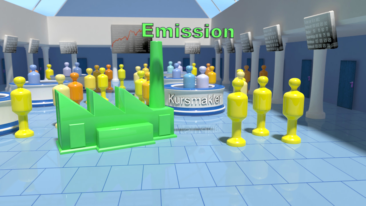 3D-Diagramm zeigt Emission mit grüner Säule in einem Raum voller gelber und orangefarbener Figuren.