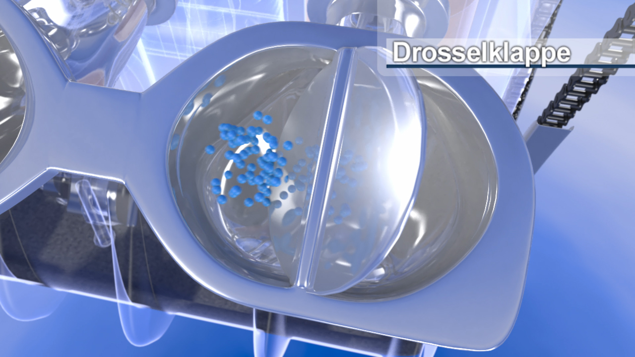 3D-Darstellung einer Drosselklappe mit blauen Partikeln, die durch die Öffnung fließen.