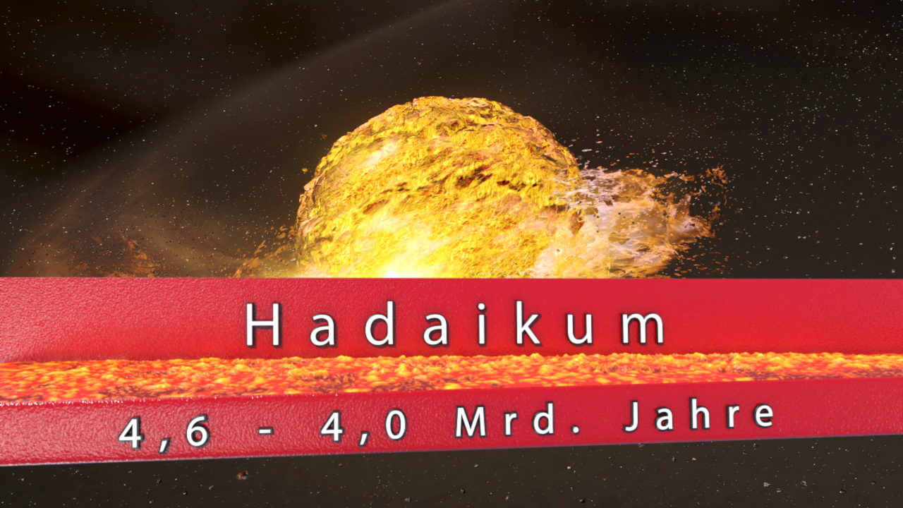 Grafik des Hadaikum-Zeitalters mit einer Darstellung der Sonne und dem Text 'Hadaikum 4,6 - 4,0 Mrd. Jahre'