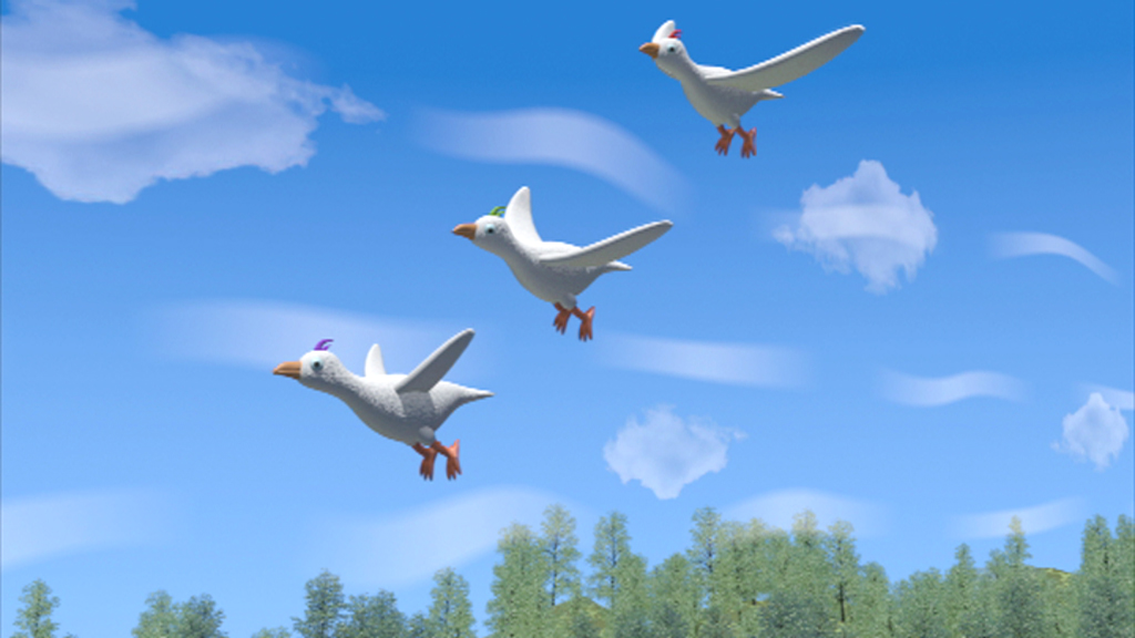 Drei animierte Vögel fliegen über einen Wald mit blauem Himmel.