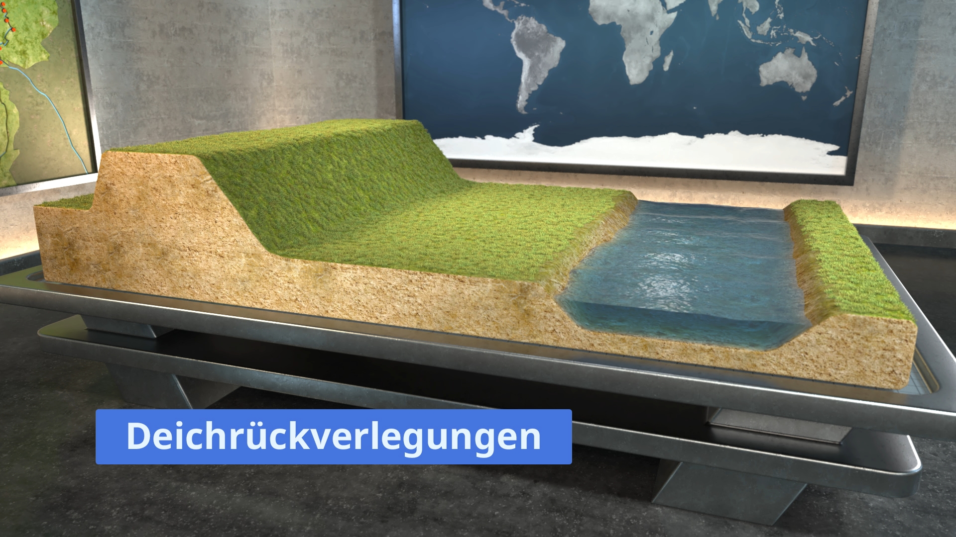 Modell einer Deichrückverlegung mit erhöhtem Deich und Wasserfläche, darunter Text 'Deichrückverlegungen'