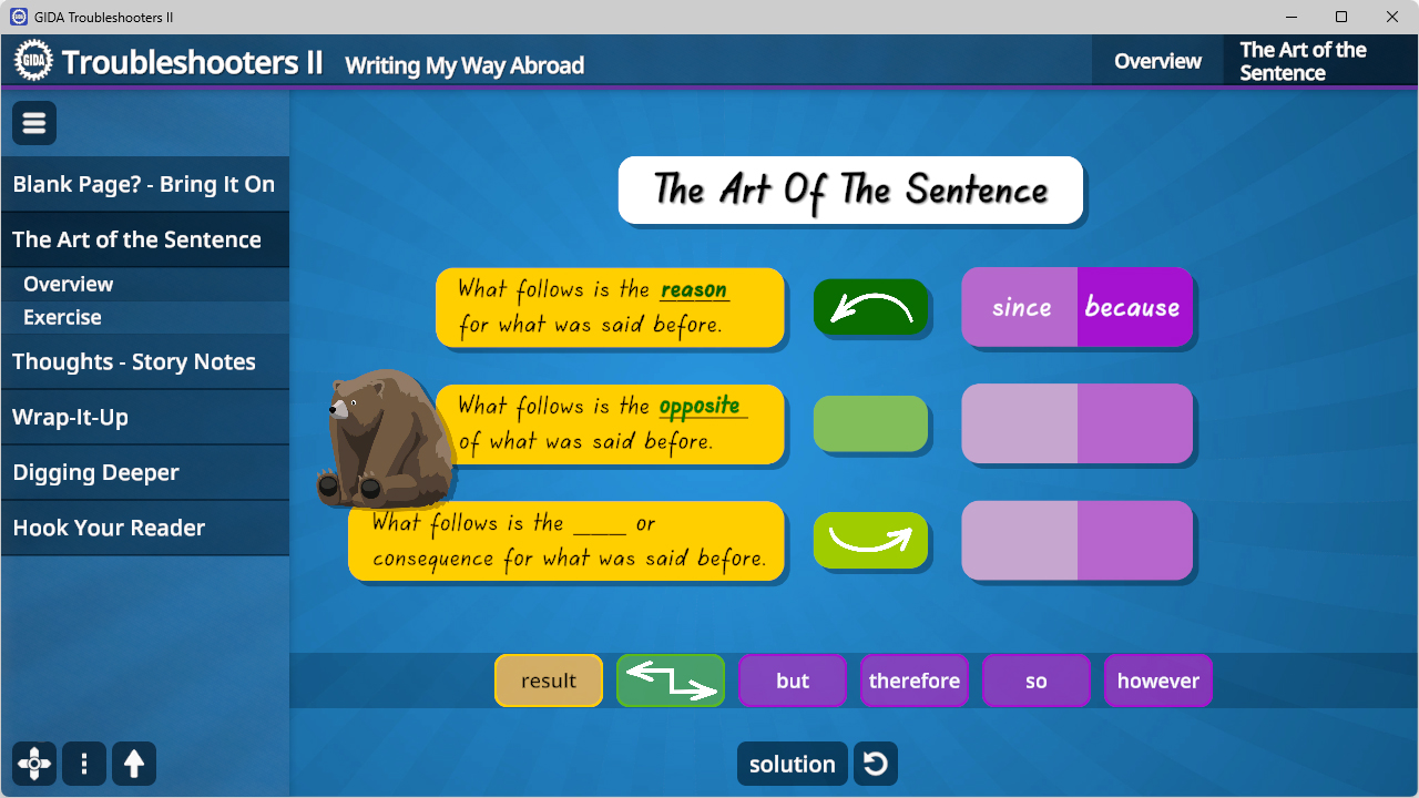 Screenshot einer Lernsoftware mit dem Titel 'The Art Of The Sentence'. Drei gelbe Textfelder mit Erklärungen zu Satzverbindungen, daneben farbige Buttons mit Wörtern wie 'since', 'because', 'result', 'but', 'therefore', 'so', 'however'. Links Menü mit Kap