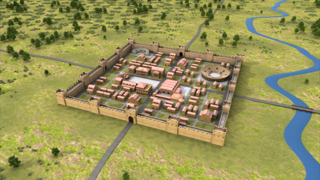 Eine digitale Rekonstruktion einer antiken Stadt mit Mauern, Gebäuden und einem runden Bauwerk, umgeben von einer grünen Landschaft und einem Fluss.