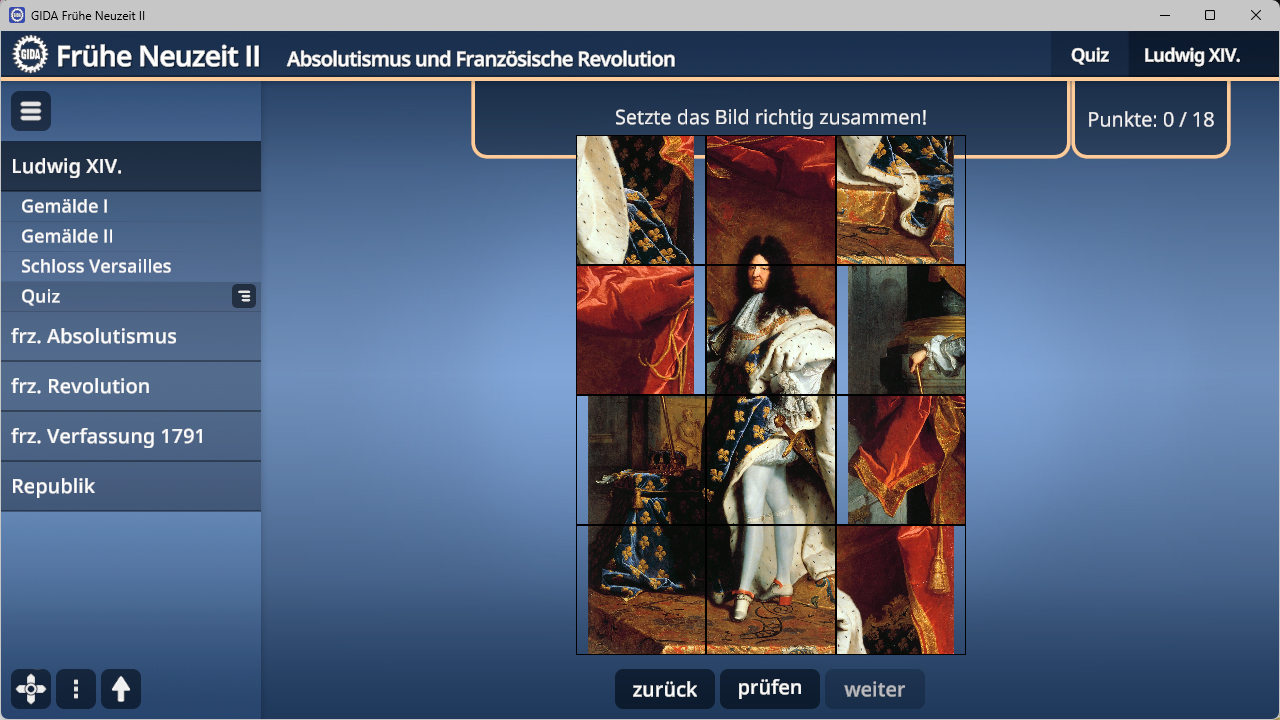 Bildschirmfoto eines digitalen Quiz mit einem Puzzle, das ein Gemälde von Ludwig XIV. zeigt, und einem Menü mit Themen zur französischen Revolution
