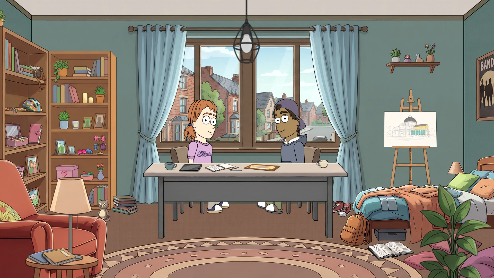 Zwei animierte Personen – Clara und Troy – sitzen an einem Tisch in einem gemütlichen Zimmer mit Bücherregal, Fenster mit blauen Vorhängen, Bett, Staffelei mit Zeichnung und Pflanzen.