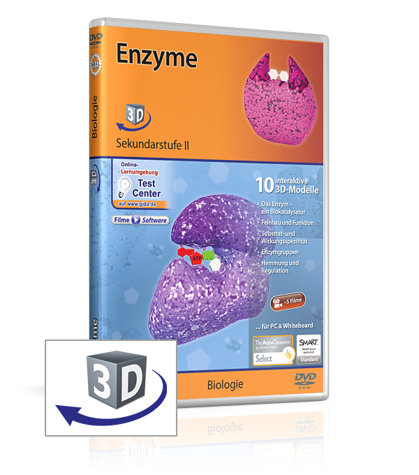 DVD-Cover für das Biologie-Lernprogramm 'Enzyme' mit 10 interaktiven 3D-Modellen.