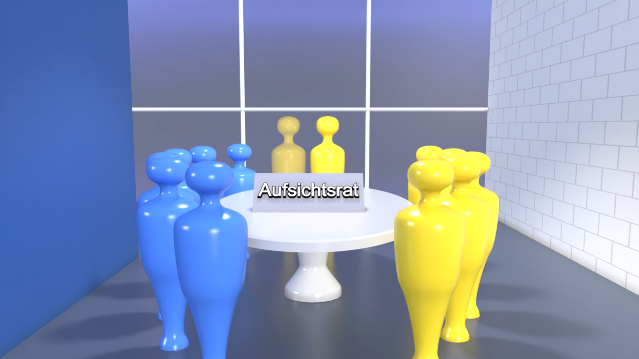 Grafik eines Aufsichtsrats mit blauen und gelben Figuren, die um einen runden Tisch stehen.