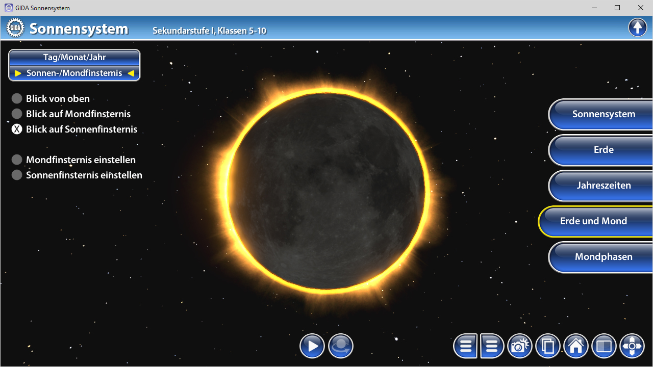Grafik eines Sonnensystems mit einem Sonnenfinsternis-Effekt und Menüpunkten für verschiedene Ansichten und Einstellungen.
