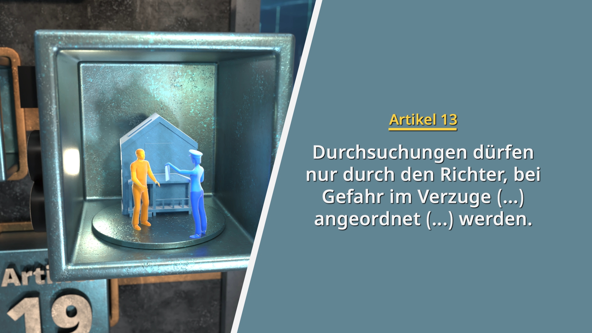 Illustration zeigt eine Durchsuchung mit einer blauen Figur in Polizeiuniform und einer orangefarbenen Person vor einem Hausmodell, daneben Text zu Artikel 13 über richterliche Anordnung von Durchsuchungen