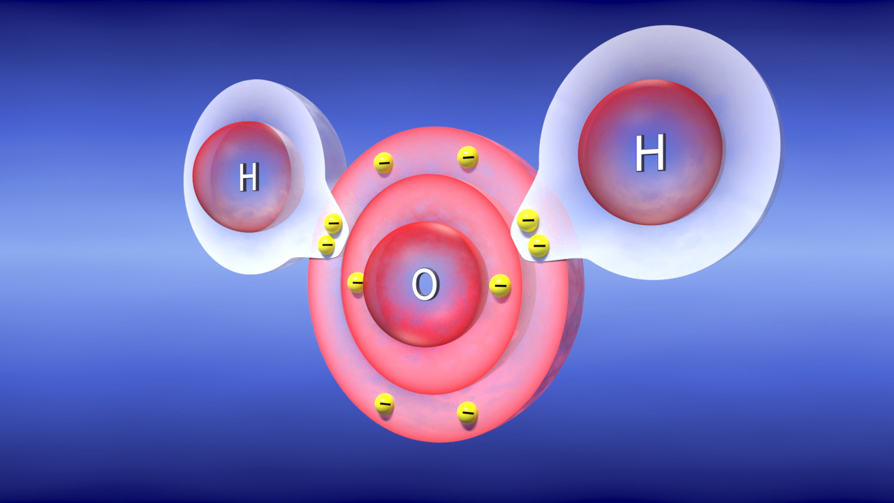 Darstellung eines Wassermoleküls mit zwei Wasserstoffatomen (H) und einem Sauerstoffatom (O), umgeben von Elektronen.