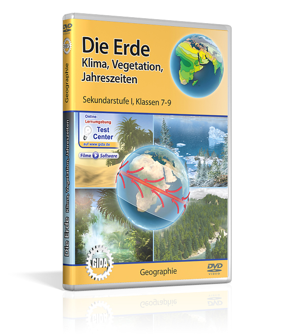 Erde - Klima, Vegetation, Jahreszeiten DVD-Cover für 'Die Erde: Klima, Vegetation, Jahreszeiten' mit einer Weltkarte und roten Pfeilen, die Klimazonen darstellen.