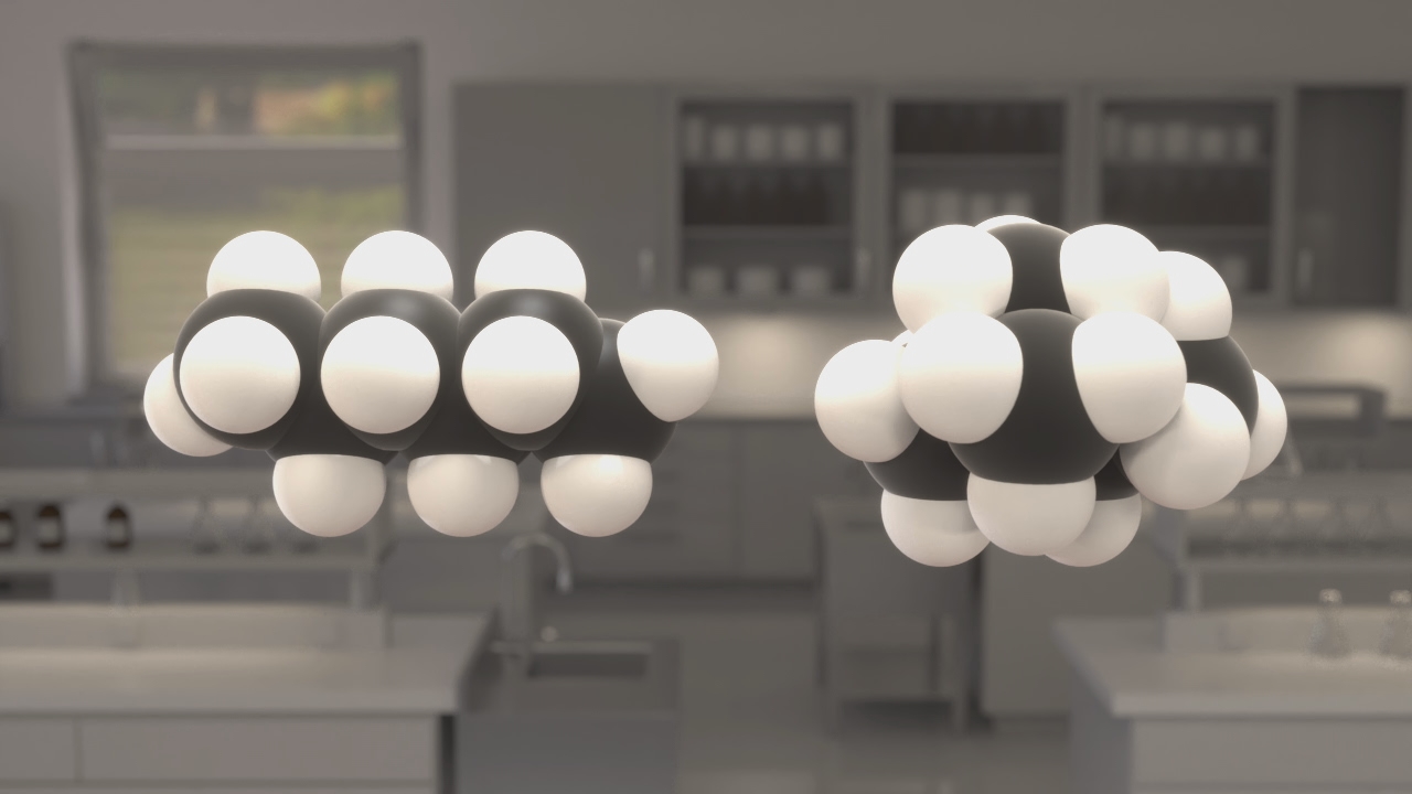 Molekülmodell mit schwarzen und weißen Atomen, schwebend in einer modernen Laborumgebung.