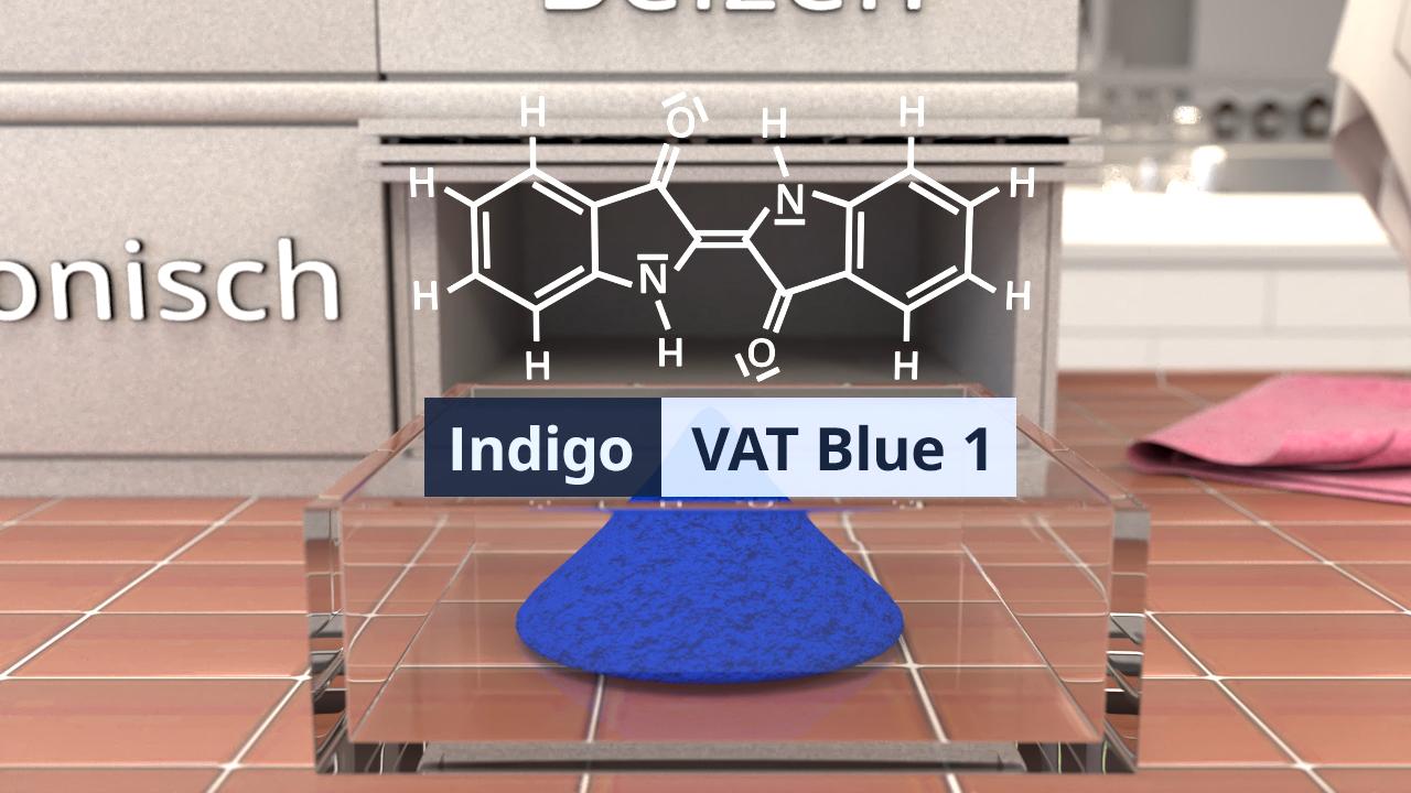 Chemische Struktur von Indigo (VAT Blue 1) auf einem Tisch mit blauer Substanz.