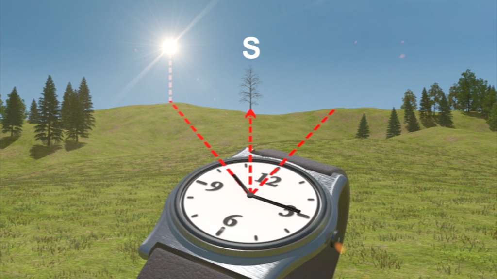 Eine Armbanduhr zeigt die Richtung Süden an, mit einem Sonnenstrahl und einem Baum im Hintergrund.