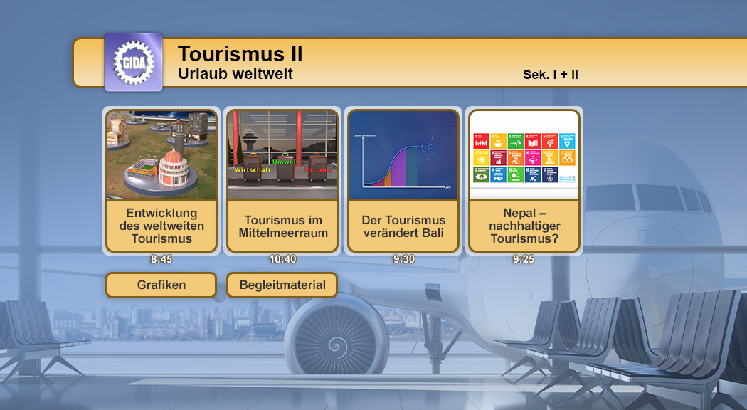 Infografik über den globalen Tourismus mit vier Themen: Entwicklung des weltweiten Tourismus, Tourismus im Mittelmeerraum, Veränderungen des Tourismus in Bali und nachhaltiger Tourismus in Nepal.