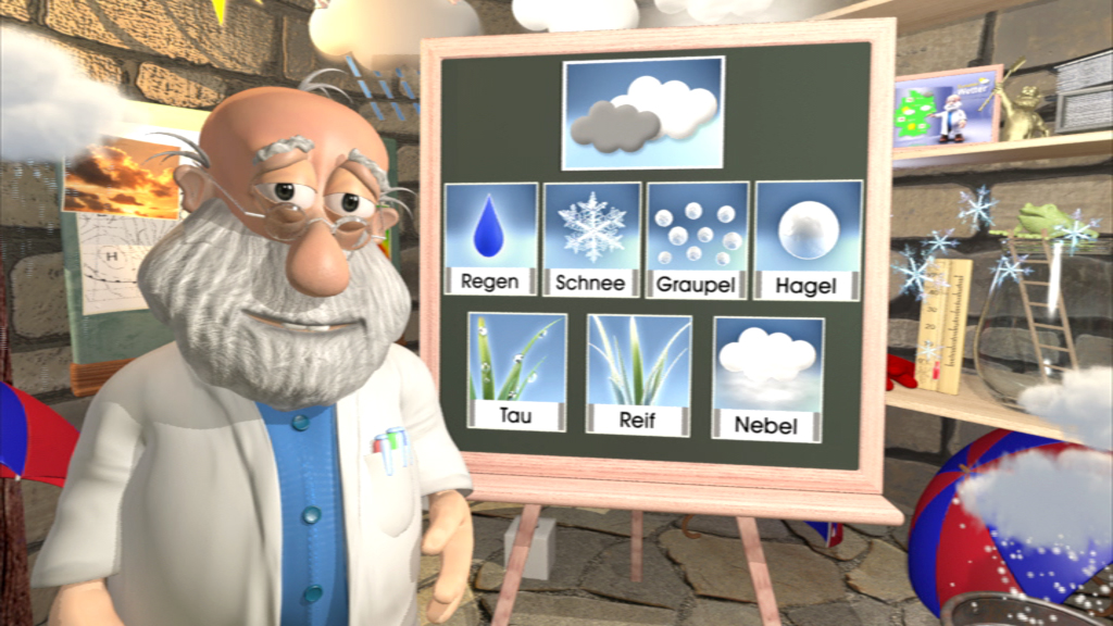 Ein animierter Wissenschaftler mit Brille und Bart steht neben einer Tafel mit verschiedenen Wetterphänomenen: Regen, Schnee, Graupel, Hagel, Tau, Reif und Nebel.