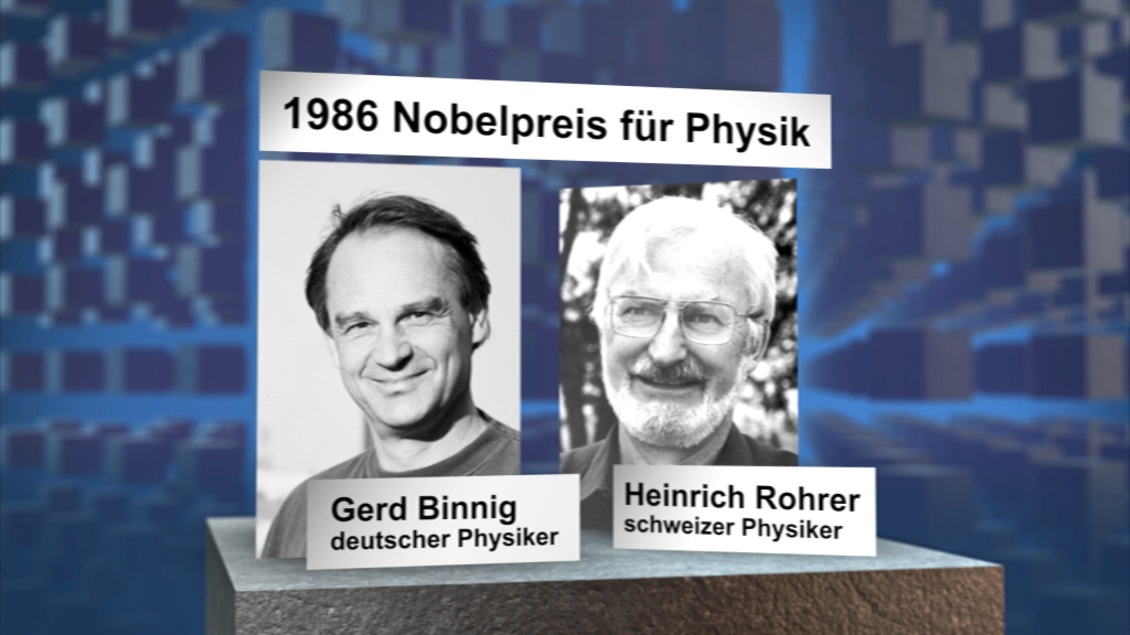 Porträts von Gerd Binnig und Heinrich Rohrer, Nobelpreisträger für Physik 1986, mit ihren Nationalitäten.