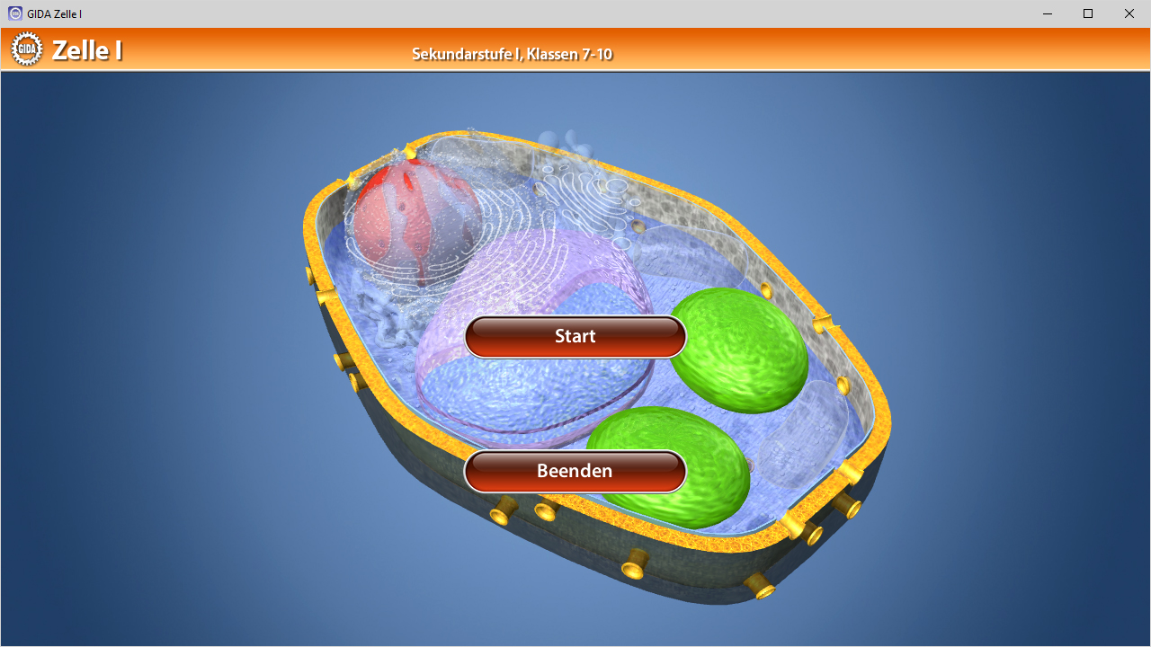 3D-Darstellung einer Zelle mit verschiedenen Organellen in unterschiedlichen Farben, Schaltflächen 'Start' und 'Beenden' sichtbar.