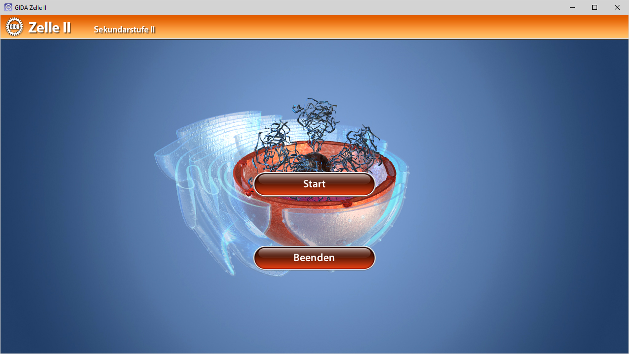 Start- und Beenden-Buttons in einer grafischen Benutzeroberfläche für ein Spiel oder eine Anwendung mit einer Schüssel und abstrakten Formen im Hintergrund.