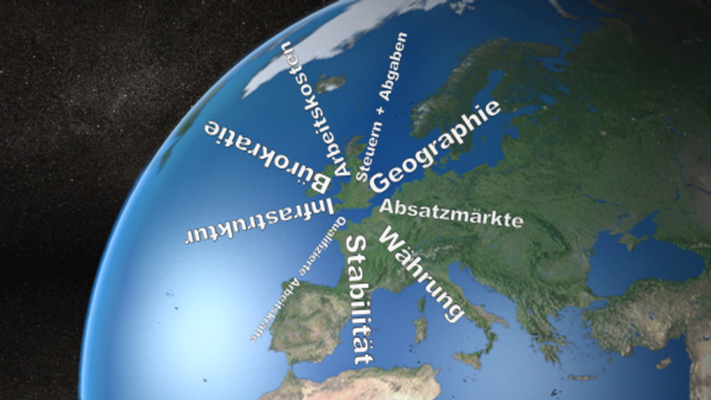 Karte von Europa mit verschiedenen wirtschaftlichen Faktoren wie 'Geographie', 'Währung' und 'Stabilität'