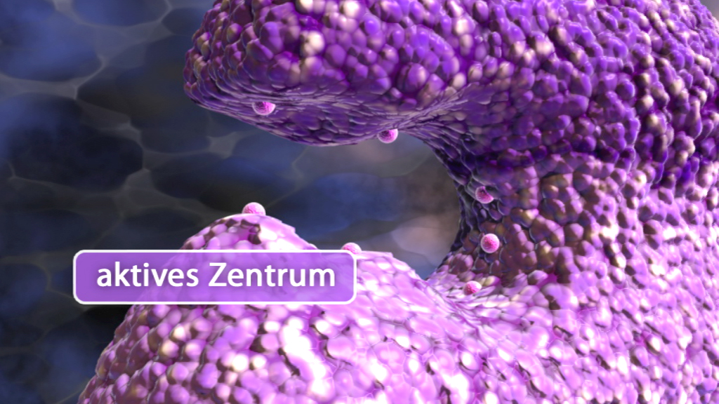 Darstellung eines aktiven Zentrums mit lila und violetten Strukturen und kleinen Partikeln.