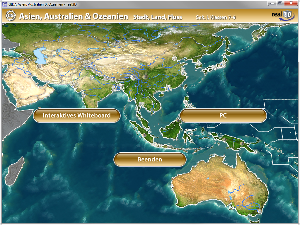 Menü der Software "Asien, Australien & Ozeanien – Stadt, Land, Fluss".