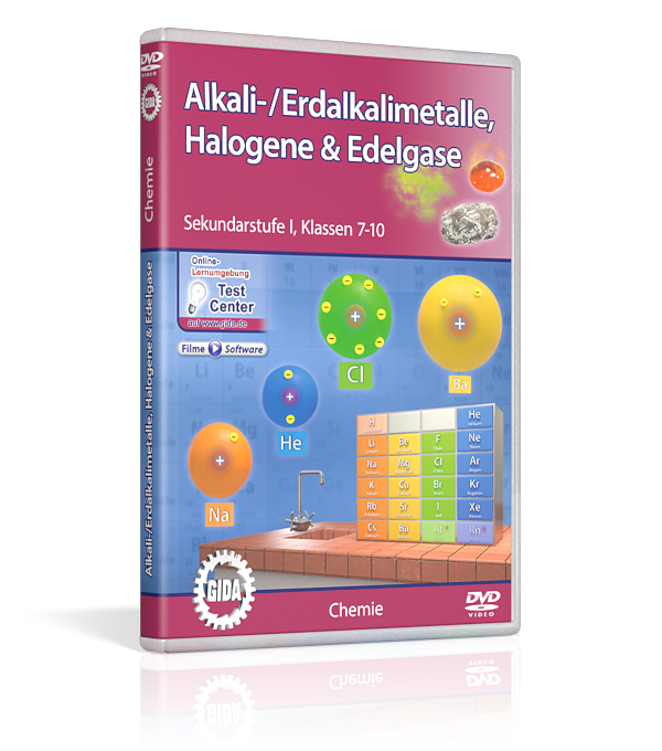 DVD-Cover für Chemie mit dem Titel 'Alkali-/Erdalkalimetalle, Halogene & Edelgase', zeigt das Periodensystem und chemische Symbole.