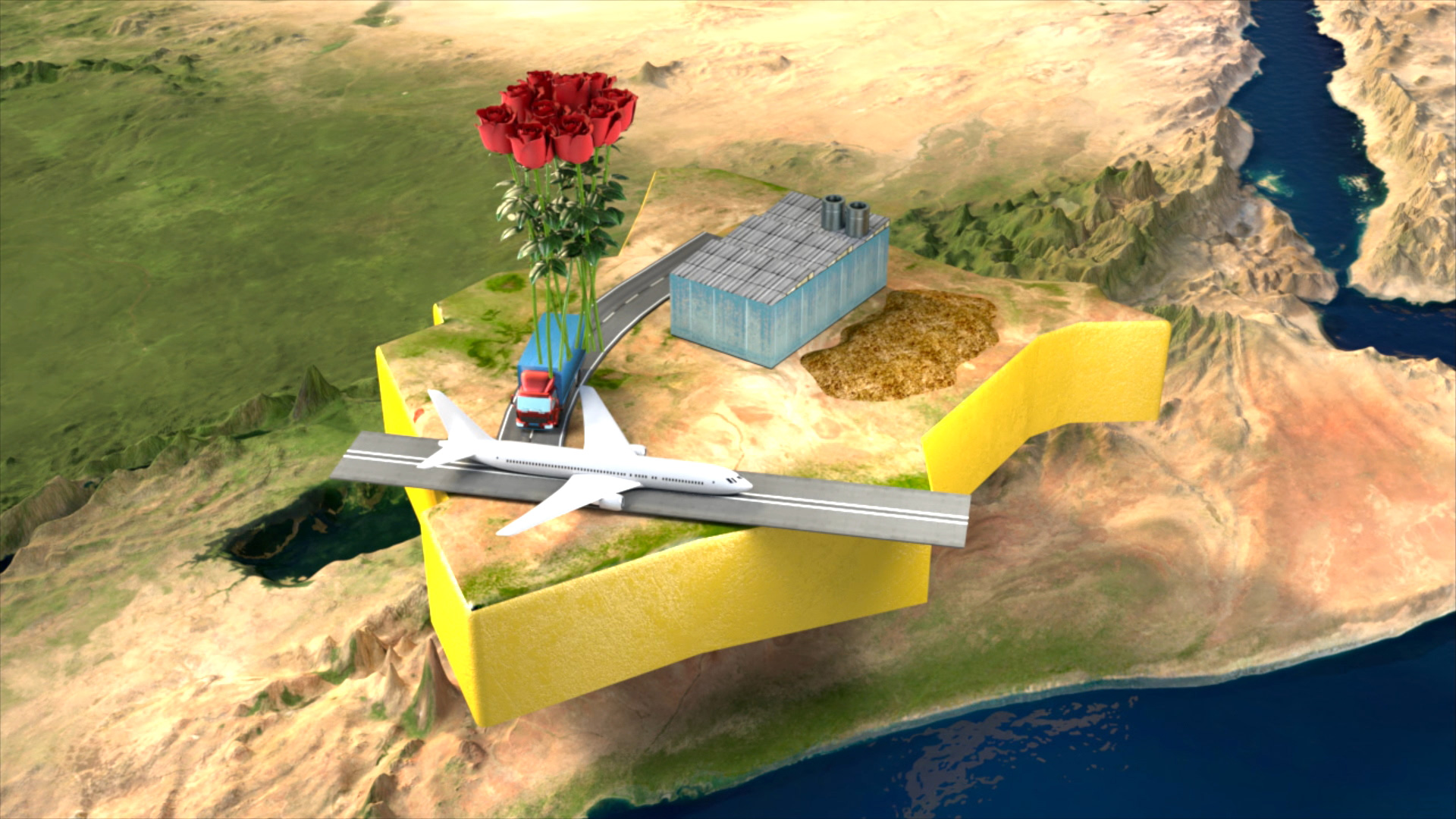 3D-Visualisierung einer Landschaft mit einem Flugzeug, einer Fabrik und einer Vase mit Rosen.