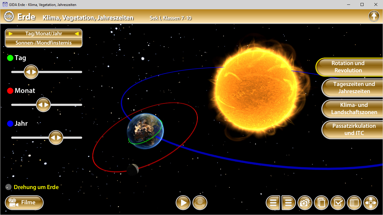Interaktive Darstellung der Erde und ihrer Bewegung um die Sonne, zeigt Tag, Monat und Jahr.
