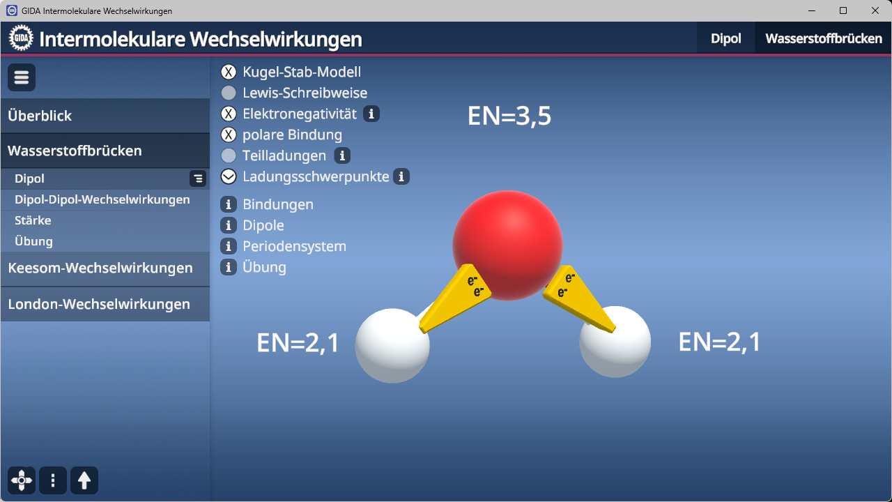 3D-Darstellung eines Wassermoleküls mit einem roten und zwei weißen Kugeln sowie gelben Elektronenpaaren und Texten zu EN-Werten und Ladungsschwerpunkten