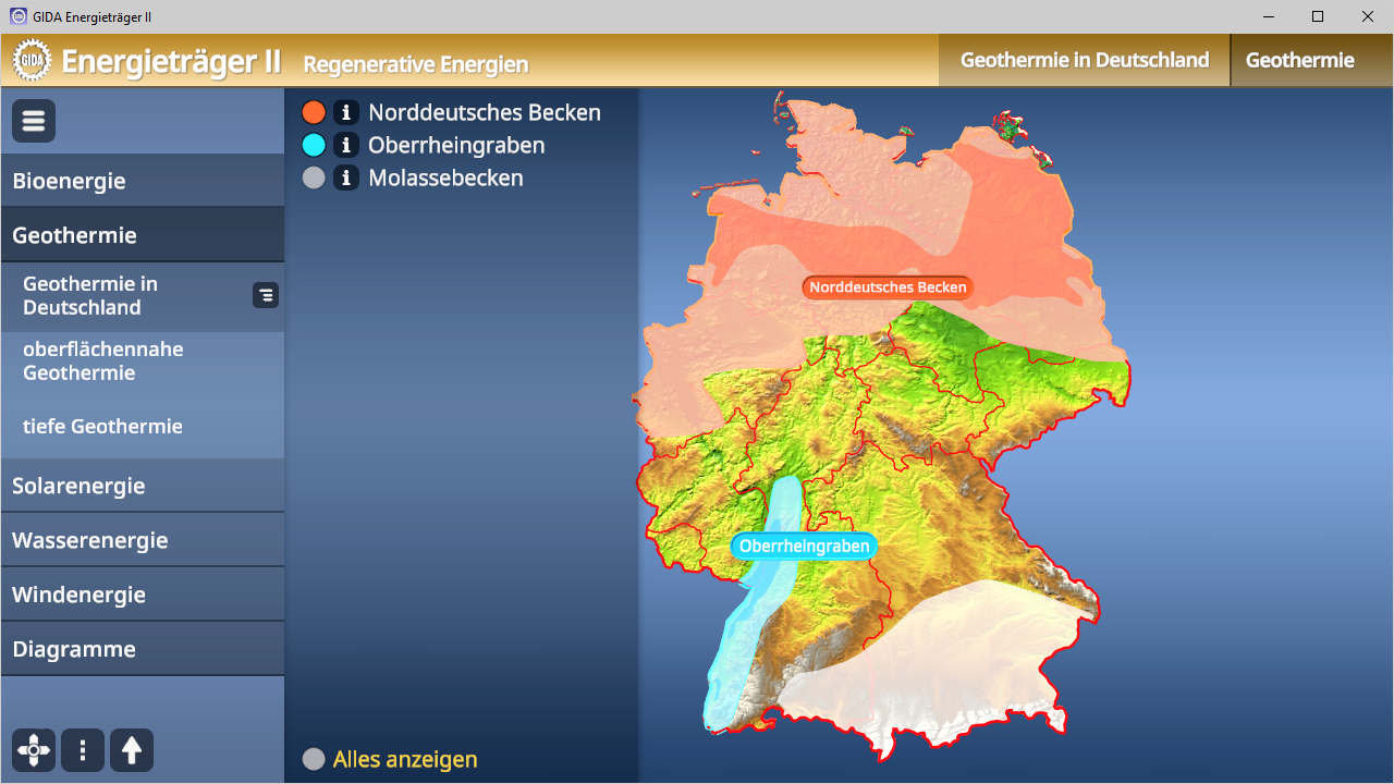 Karte von Deutschland, die verschiedene geothermische Regionen zeigt: Norddeutsches Becken, Oberrheingraben und Molassebecken.