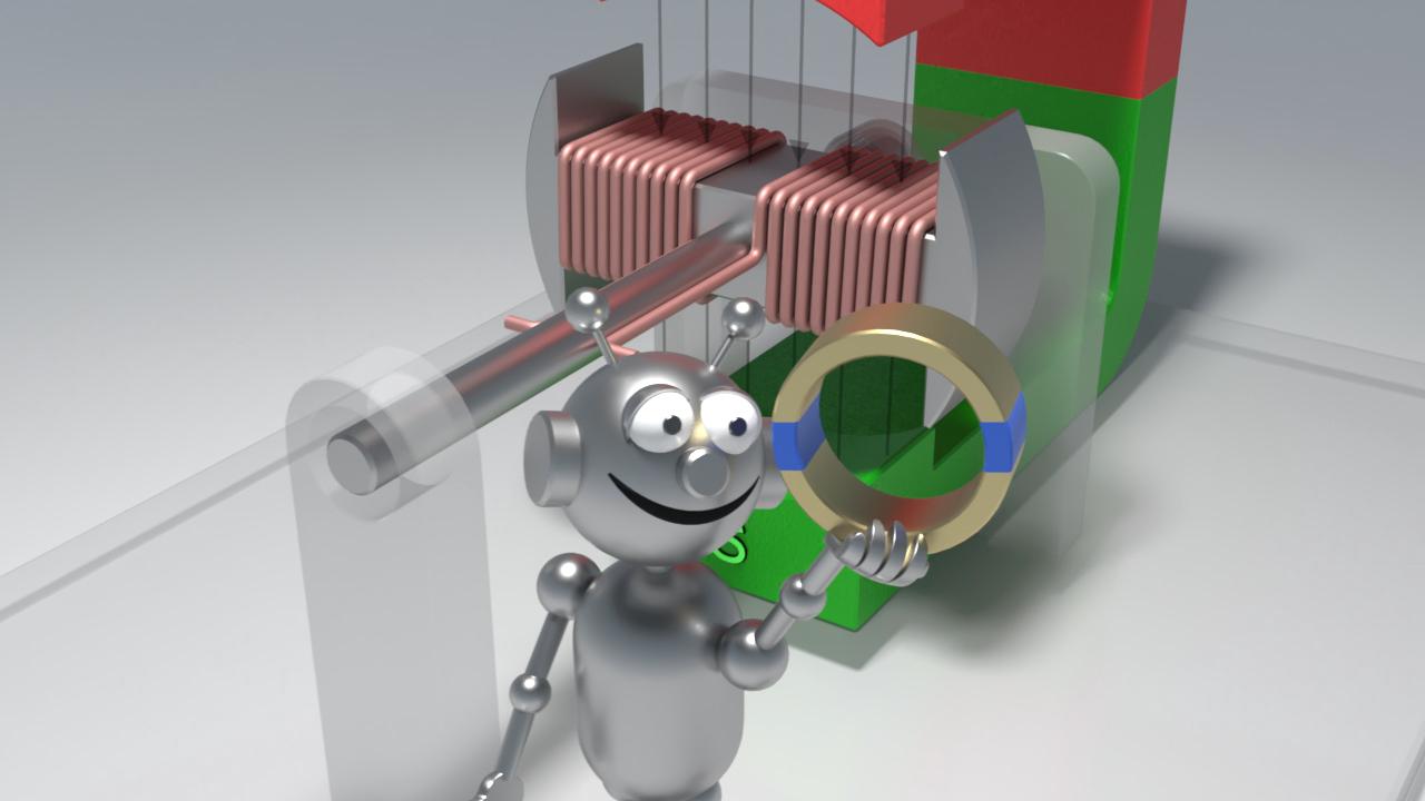 Ein roboterähnlicher Charakter hält einen Ring und steht neben einer Maschine mit roten und grünen Komponenten.