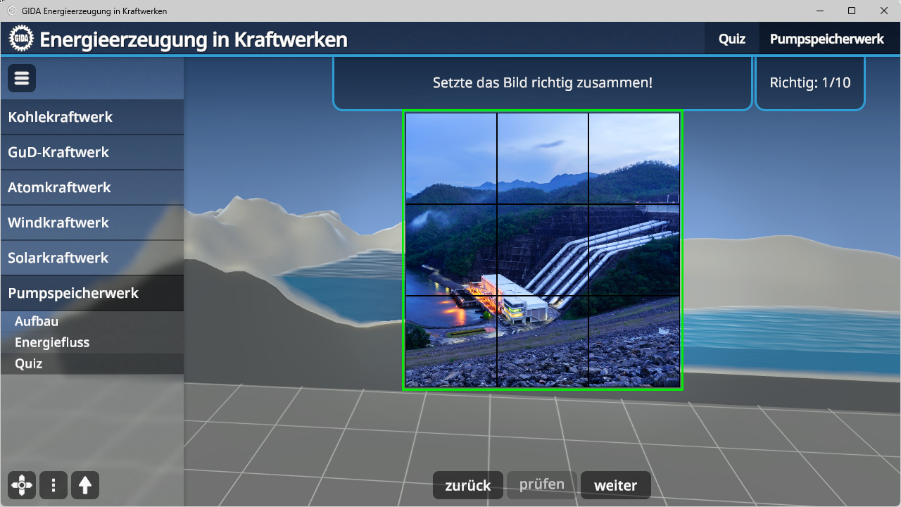 Screenshot einer Quiz-App zur Energieerzeugung in Kraftwerken mit einem Puzzlebild eines Pumpspeicherkraftwerks in den Bergen bei Dämmerung.