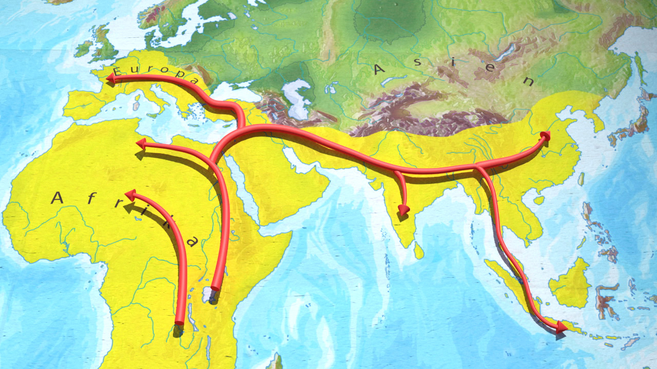 Karte, die Handelsrouten zwischen Europa, Asien und Afrika zeigt, mit roten Pfeilen zur Veranschaulichung der Verbindungen.