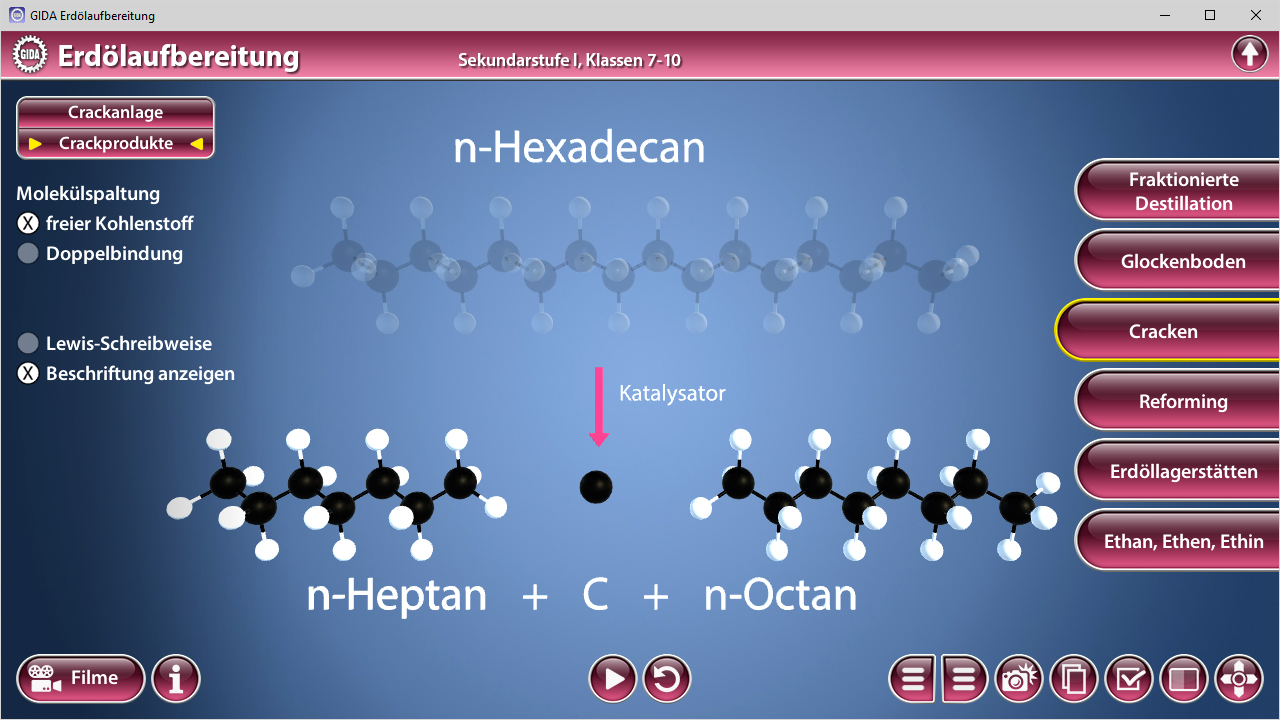 Diagramm zur Erdölverarbeitung mit n-Hexadecan, n-Heptan und n-Octan, zeigt Crackprozess und Katalysator.