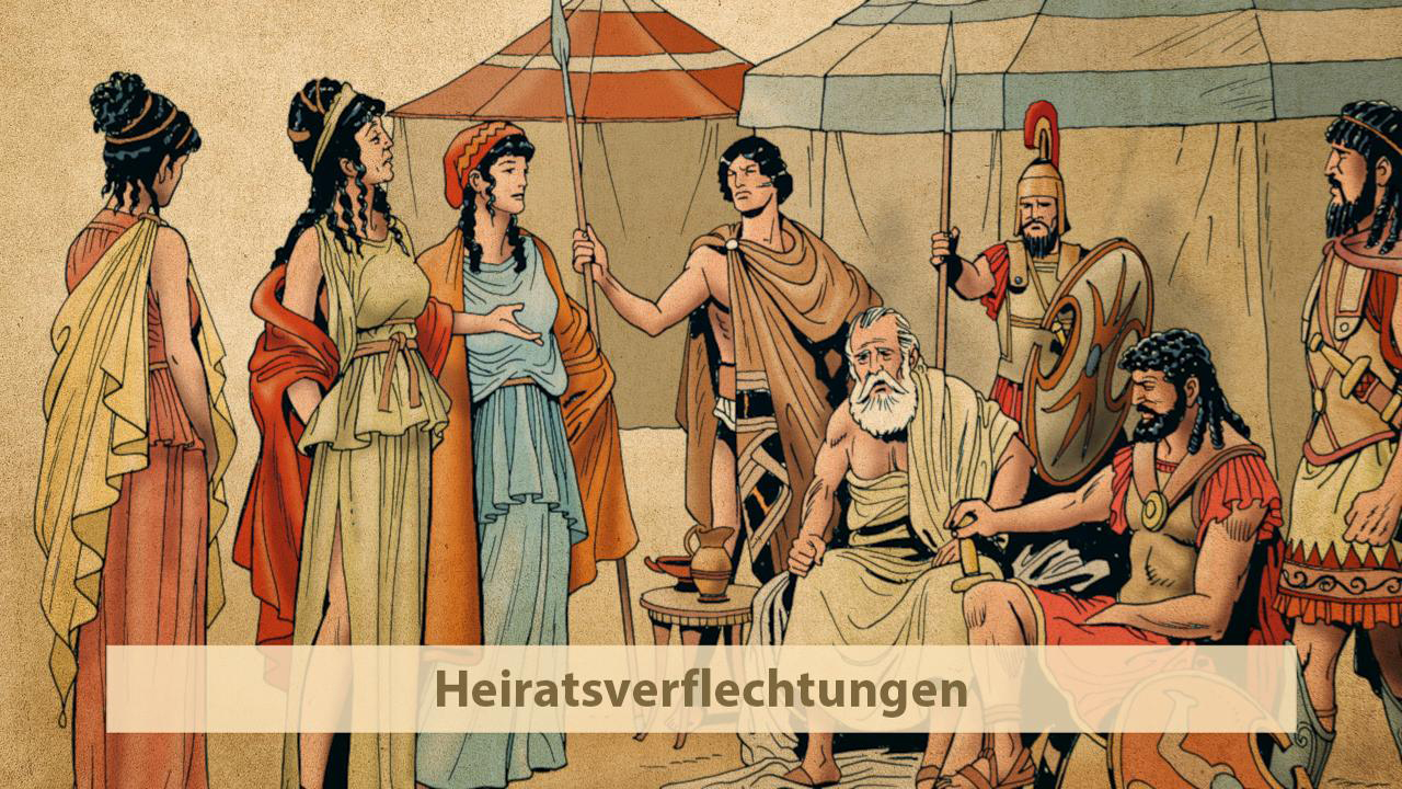 Eine Gruppe antiker griechischer Figuren, darunter Frauen in langen Kleidern und Männer in Rüstungen, die sich um einen älteren Mann versammeln.