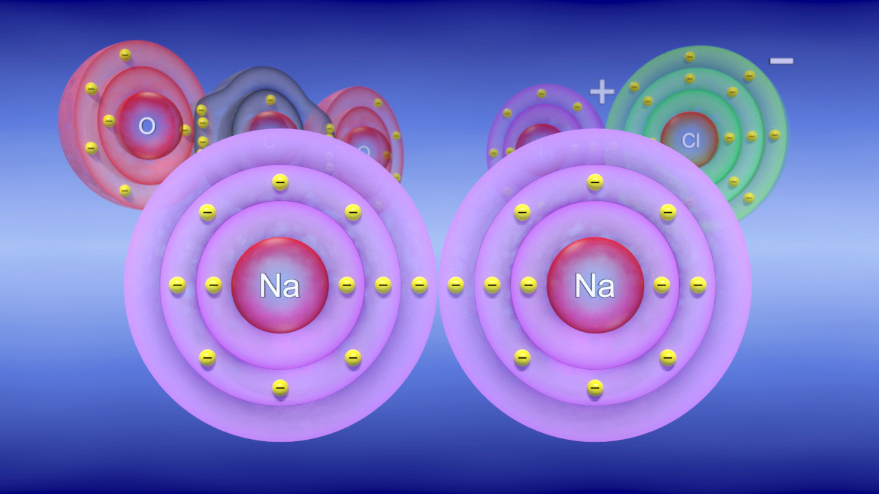Darstellung von Natrium- und Chloridionen in einer chemischen Bindung, mit Elektronen in Schalen.