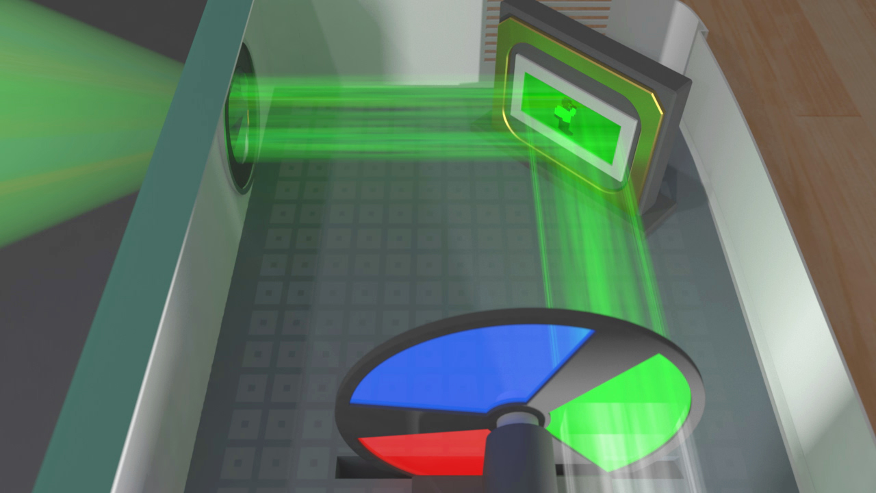 Grafik, die einen Laserstrahl zeigt, der auf ein Ziel gerichtet ist, mit einem farbigen Rad in Rot, Blau und Grün.