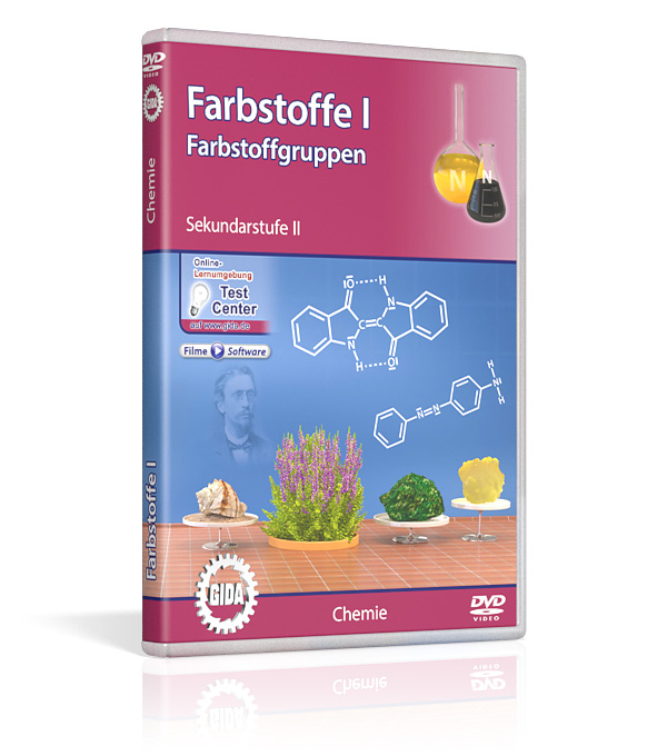 DVD-Cover für 'Farbstoffe I', zeigt chemische Strukturformeln und eine Pflanzenanordnung, geeignet für Sekundarstufe II.