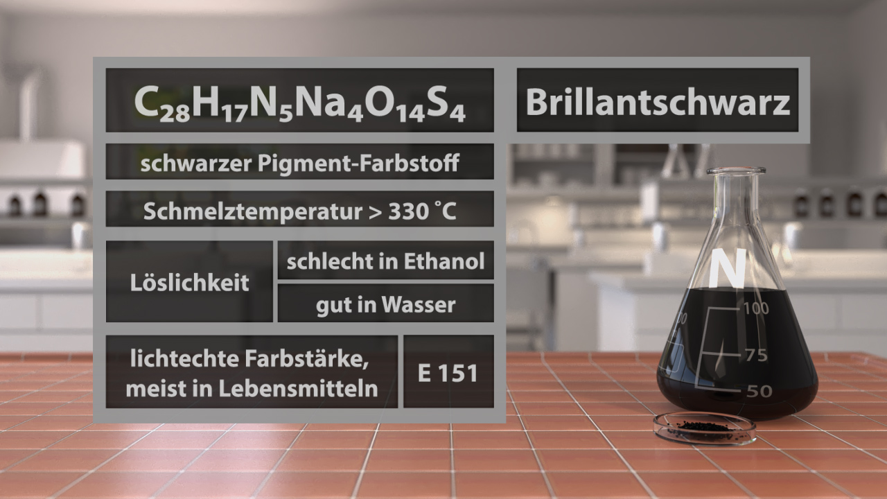 Chemische Strukturformel von Brillant Schwarz mit Eigenschaften wie Schmelztemperatur und Löslichkeit.