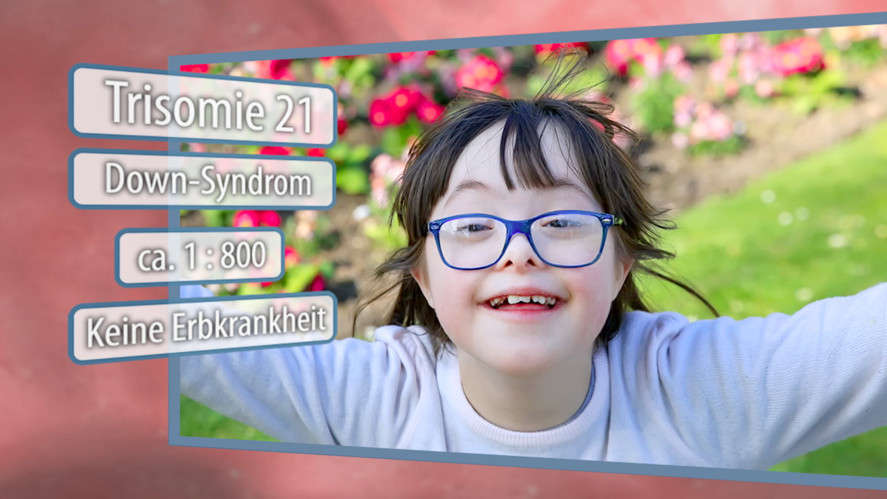 Ein fröhliches Kind mit Brille lächelt in einem Garten voller Blumen. Textinformationen über Trisomie 21 und Down-Syndrom sind eingeblendet.